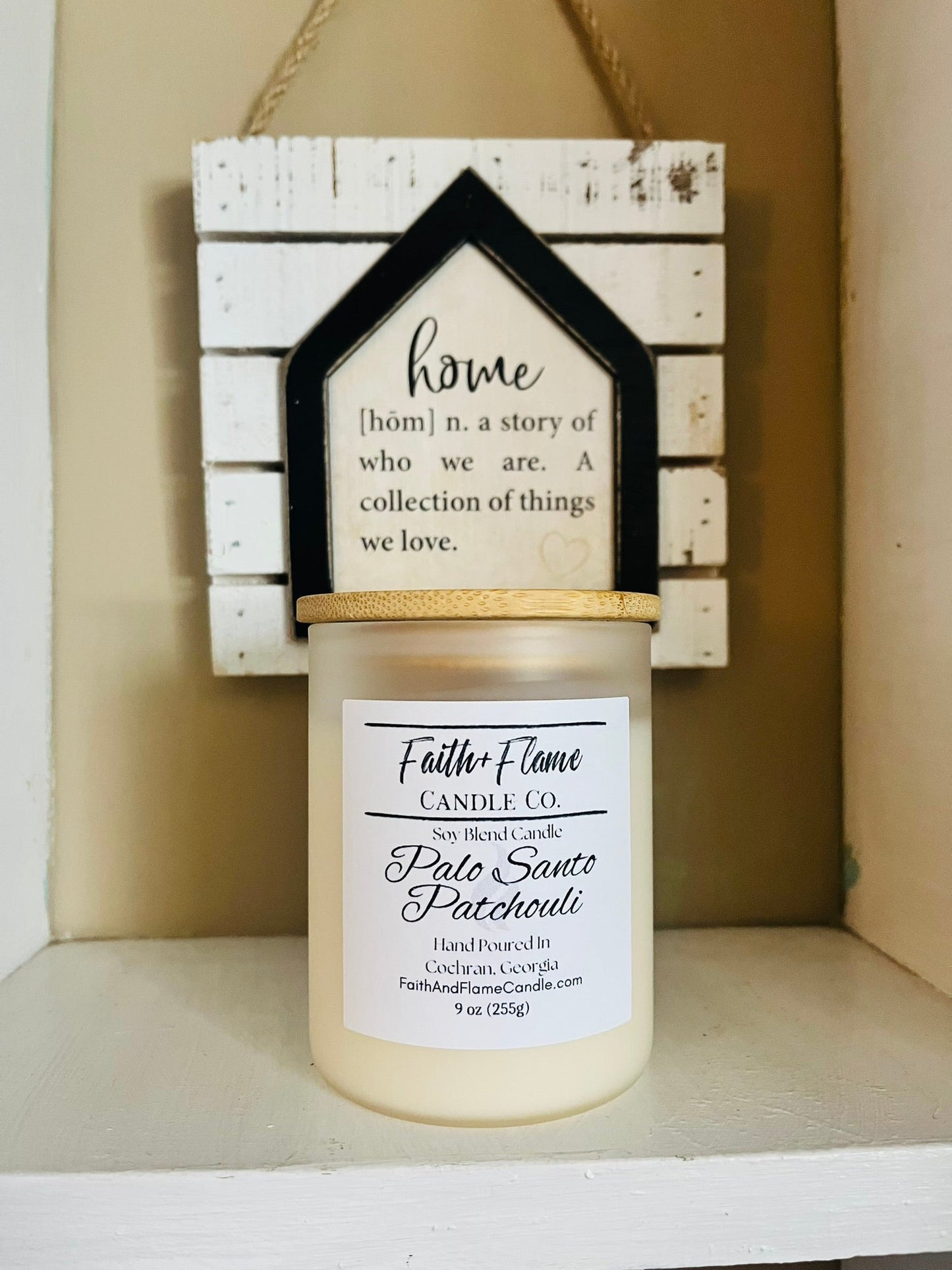 Palo Santo Patchouli 9oz Frosted Glass Soy Blend Candle With Bamboo Lid